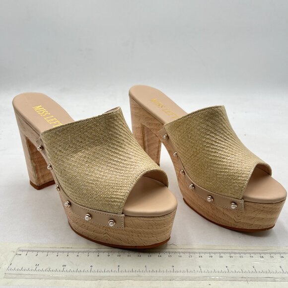 miss left Beige Platform Chunky High Heel Mules Open Toe Studded Slide Sandals - Picture 4 of 8